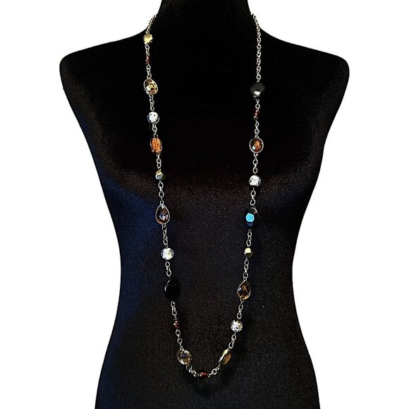 Charming Charlie Long Necklace Gold Tone Animal Print Brown Glass Acrylic Beads - Picture 1 of 4